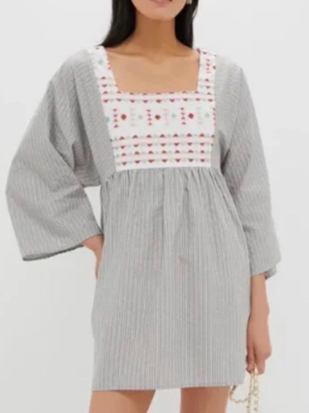 TUCKERNUCK Pomander Place Gray Pinstripe Mini Dress with White Embroidered Yoke